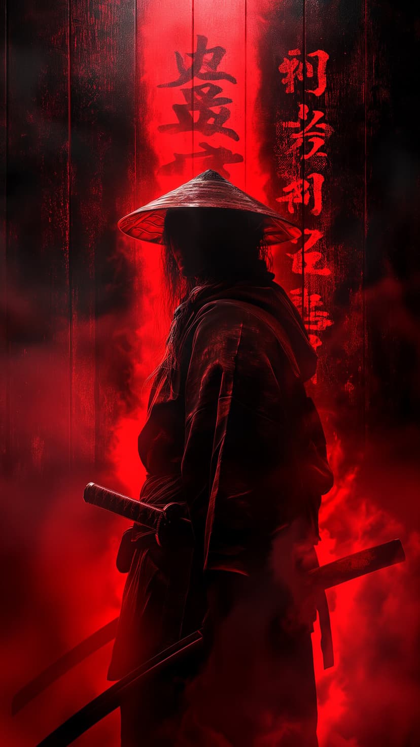 Samurai warrior wearing a conical hat stands in front of a red wooden wall with kanji script and crimson smoke.