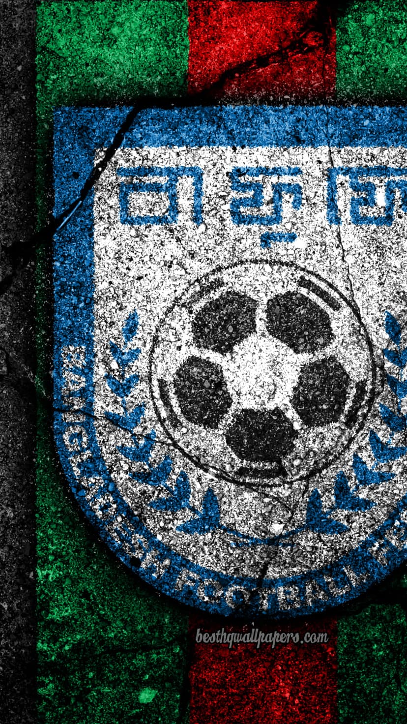 Bangladesh Football Federation emblem with a soccer ball centered on a cracked green and red weathered surface.