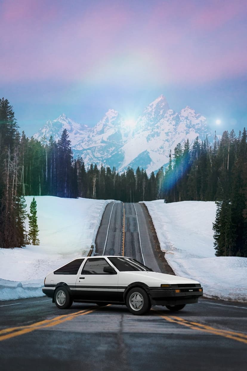 White classic coupe on a snowy alpine road flanked by pine forests and mountains under a pastel gradient sky.