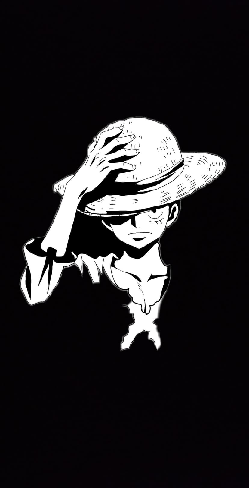 Monkey D. Luffy wears a straw hat with a determined look in a high-contrast black and white manga art style.