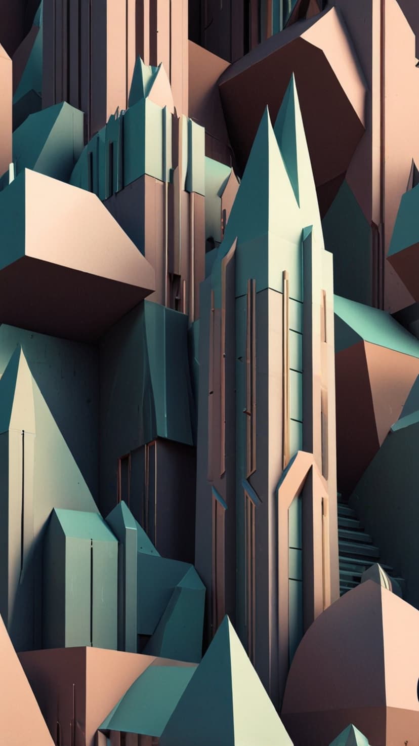 Sharp geometric buildings in teal and pink shades overlap to create a surreal architectural skyline with depth.