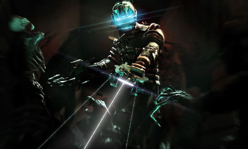 Isaac Clarke in glowing engineering armor holding a triple-beam plasma cutter against dark alien claws.