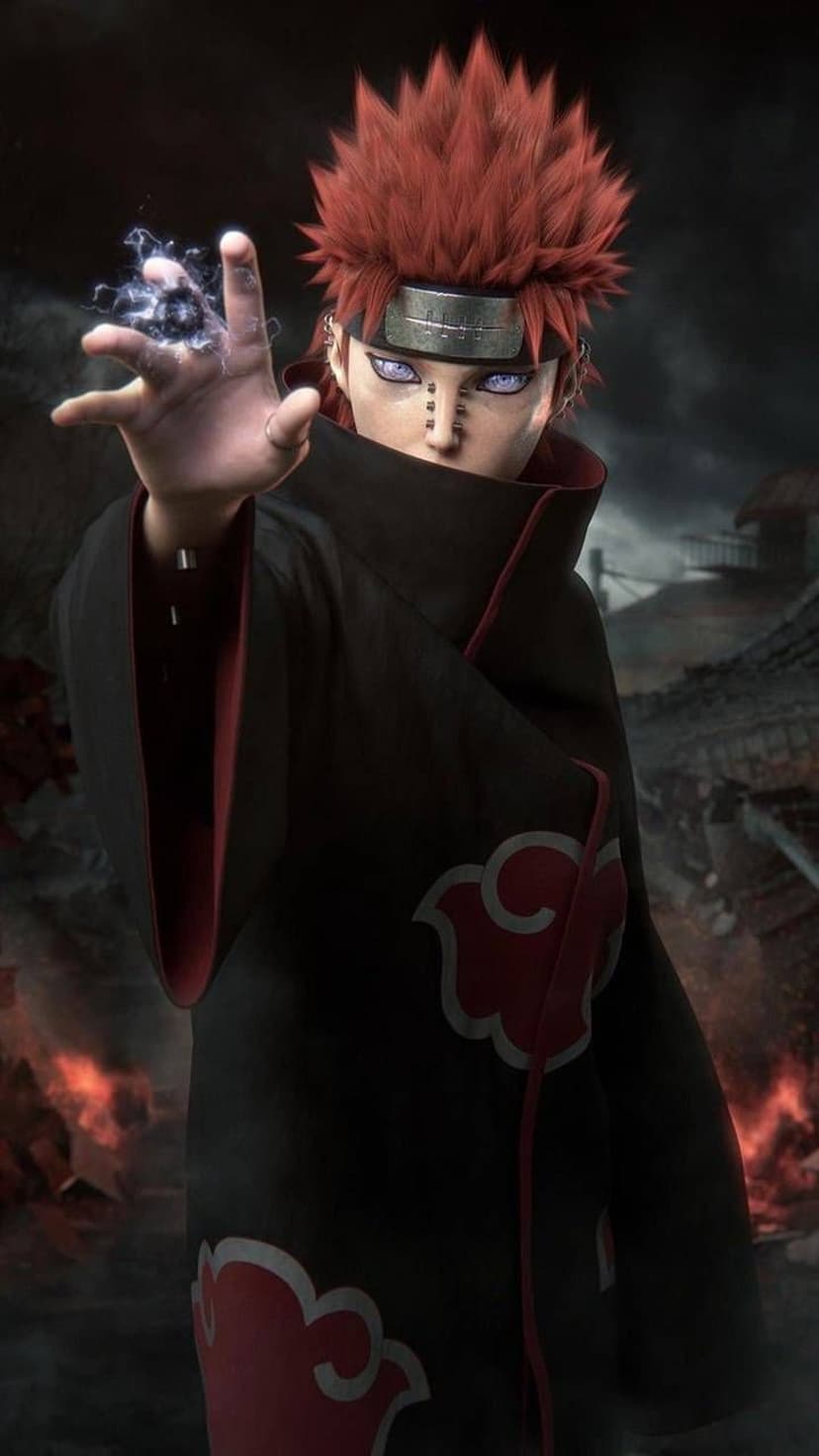 Pain in an Akatsuki cloak extends his hand amidst blue energy glows with floating debris and glowing eyes.