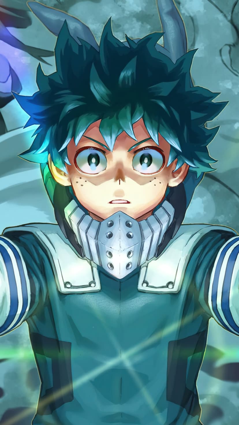Izuku Midoriya with green hair and a hero costume collar stares forward against a glowing light blue background.