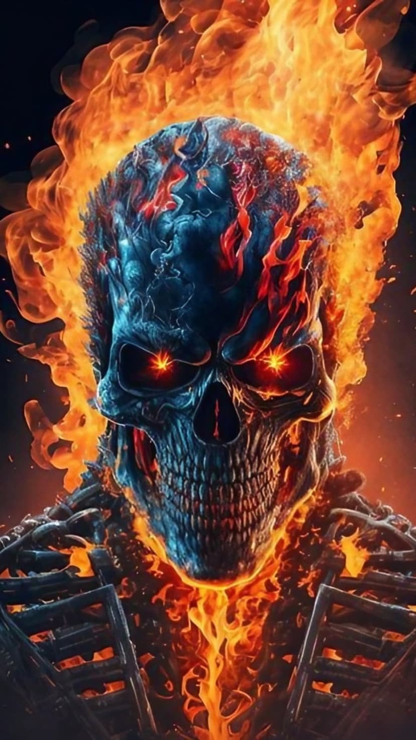 Human skull with cracked dark texture engulfed in orange flames while bright fire glows from within its eye sockets.