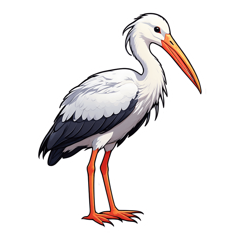 White stork illustration in profile view shows a long orange beak, black wing tips, and thin red legs.