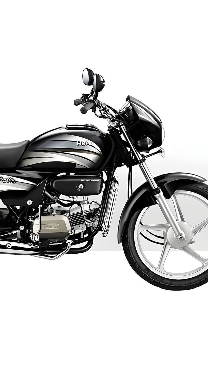 Black Hero Splendor motorcycle in a studio side view with silver engine accents and multi-spoke alloy wheels.