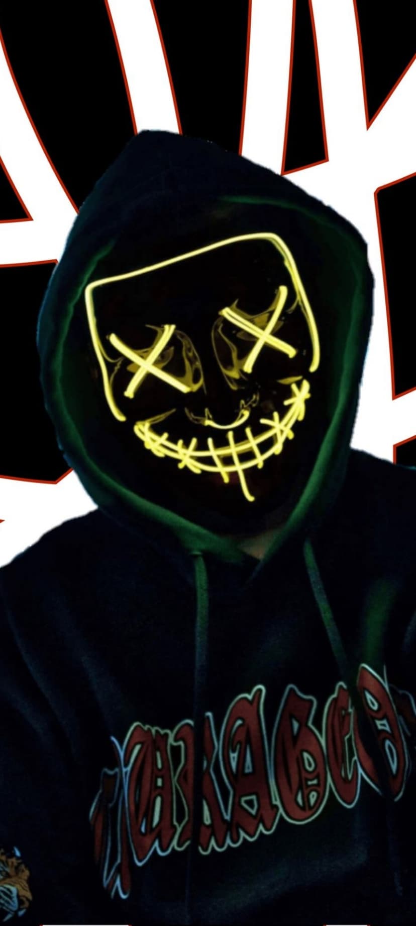 Person wears a glowing neon mask with X eyes and dark hoodie against a red and black striped abstract background.