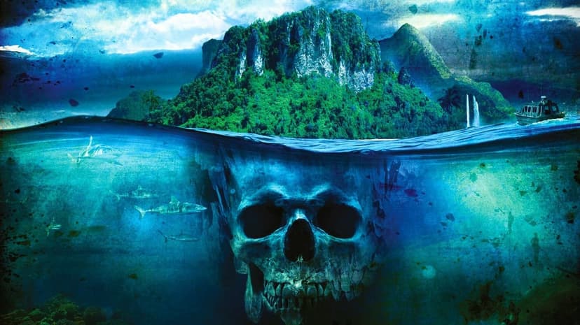 Tropical island over a massive underwater skull rock formation with sharks and a boat in blue water.