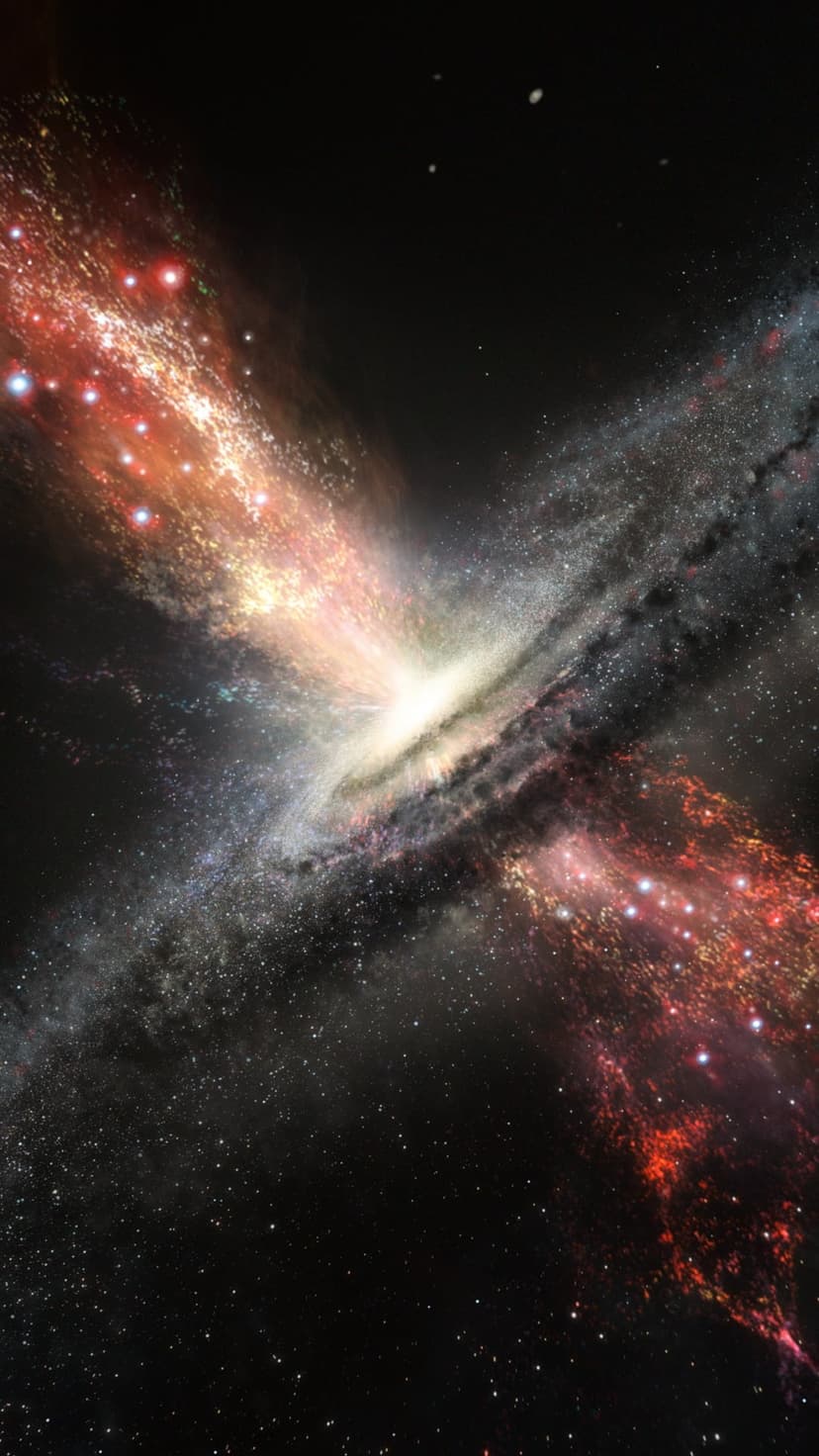 Swirling red and white nebula clouds intermingle with countless bright stars in the dark expanse of space.