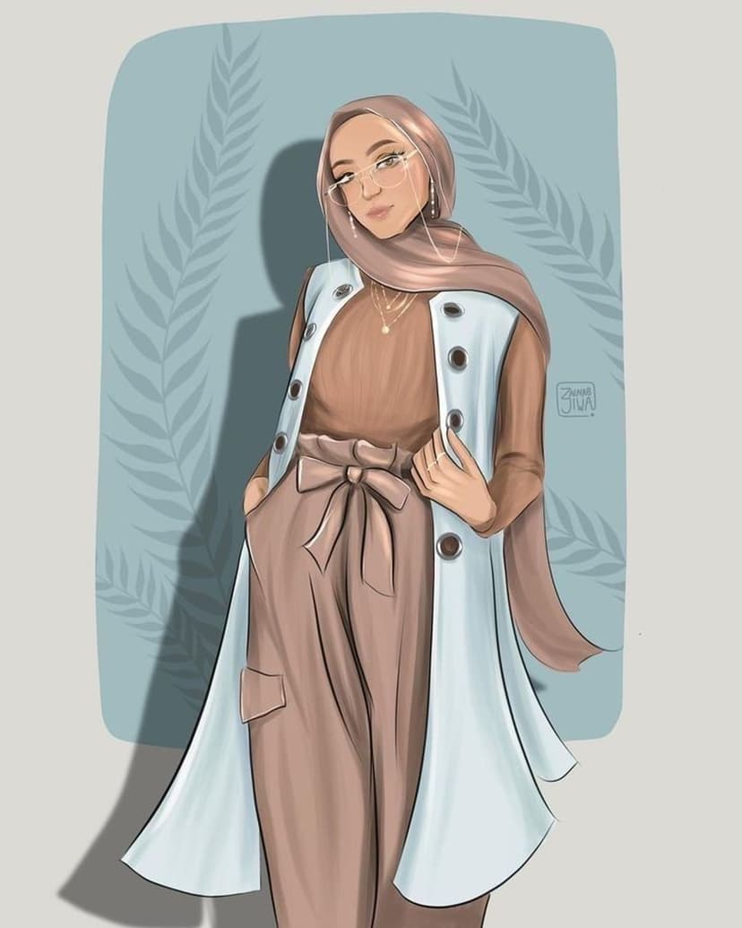 Hijabi woman wearing a light blue vest, brown trousers, and glasses against a soft blue leafy shadow backdrop.