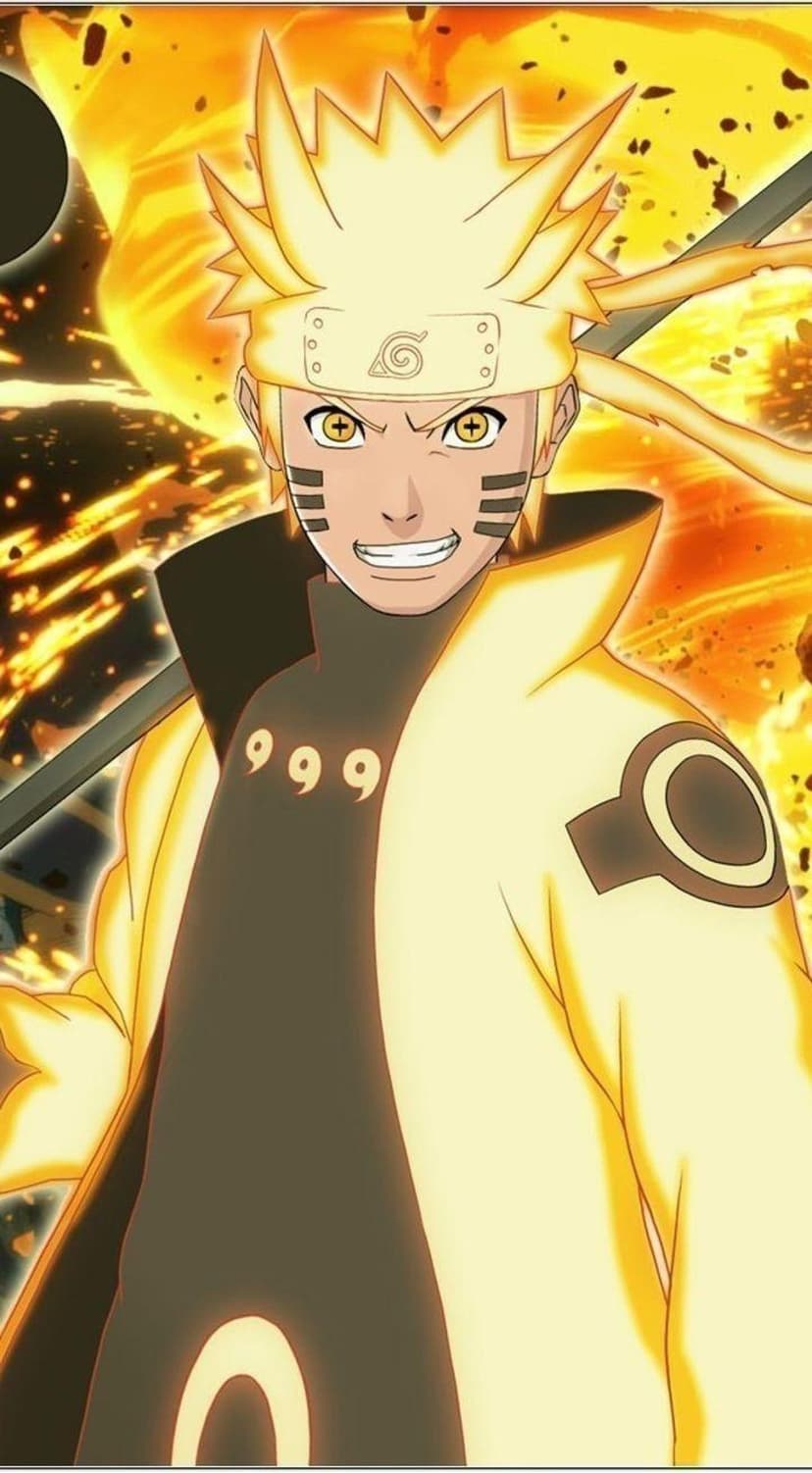 Naruto Uzumaki in Six Paths Sage Mode stands before a bright orange energy explosion with glowing orange eyes.