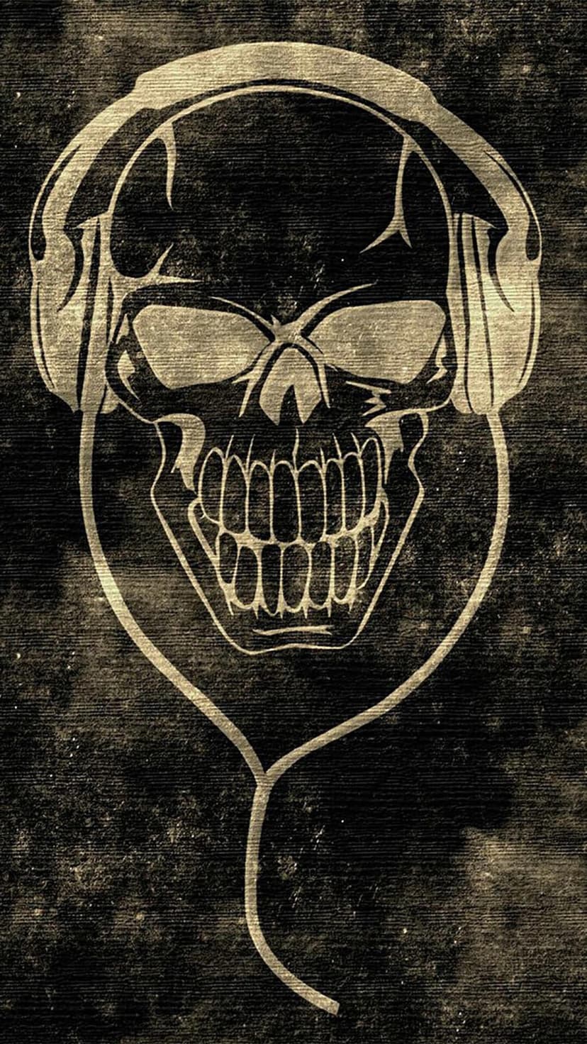 Skull wearing over-ear headphones against a dark weathered background with high-contrast monochromatic textures.
