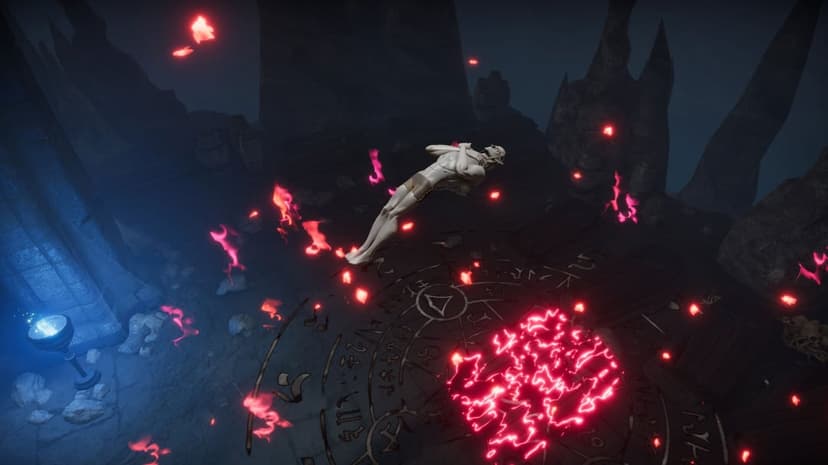A pale humanoid floats horizontally above a glowing red ritual circle in a dark stone dungeon chamber.