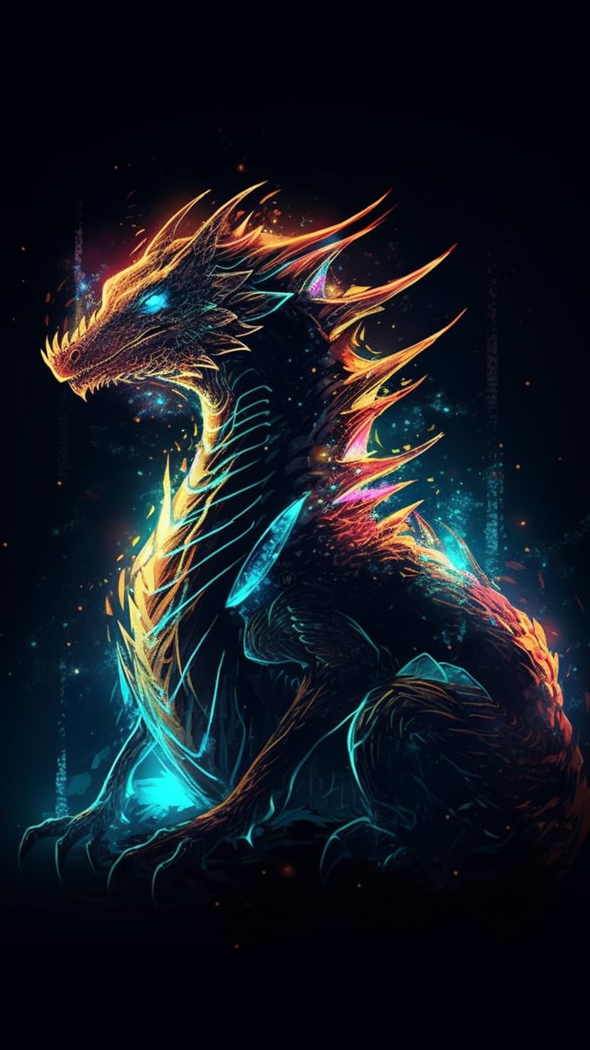 Dragon with orange scales and glowing cyan energy pulses has piercing blue eyes against a dark speckled background.