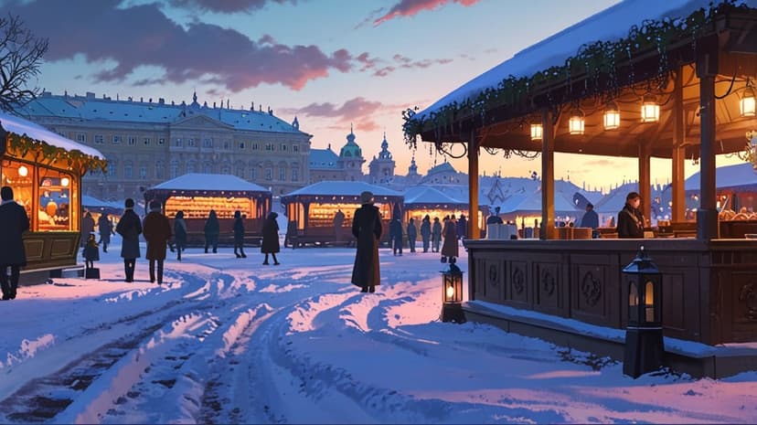 Illuminated wooden market stalls in a snowy town square under a deep blue twilight sky during winter.
