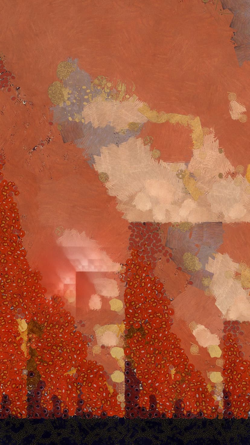 Textured orange paint layers and red organic shapes create a molten, fiery landscape with high contrast.