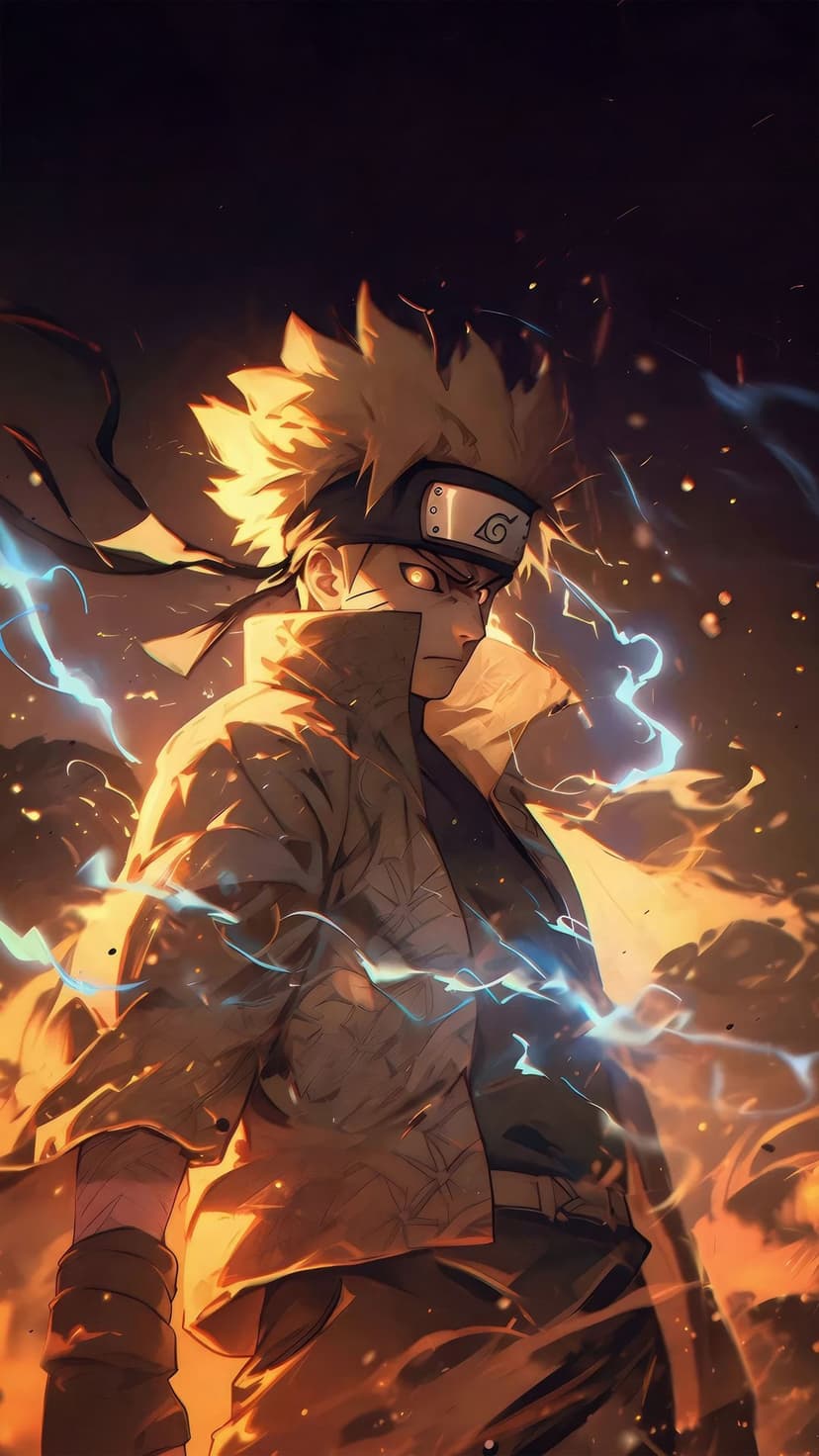 Naruto Uzumaki with orange Sage Mode eyes stands between swirling fire and crackling blue lightning bolts.