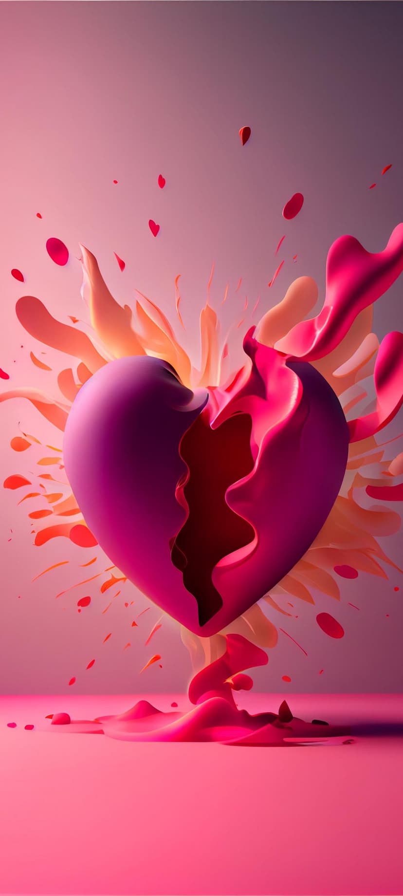 Shattered pink heart exploding into bright orange and magenta liquid droplets against a soft gradient background.
