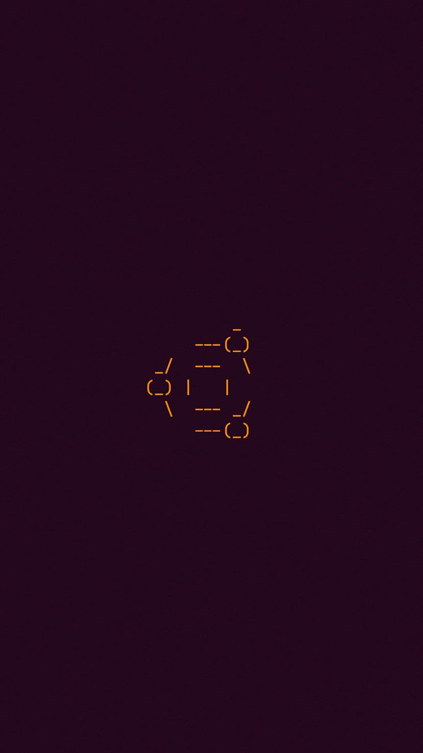 Ubuntu logo created from orange ASCII characters and punctuation marks centered on a deep purple background.