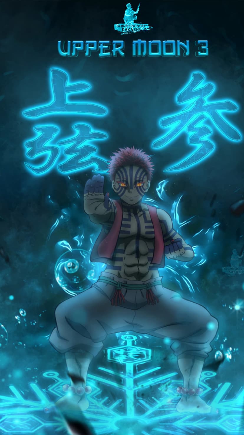 Akaza with pink hair and blue tattoos stands amidst glowing cyan Japanese kanji characters and electric sparks.