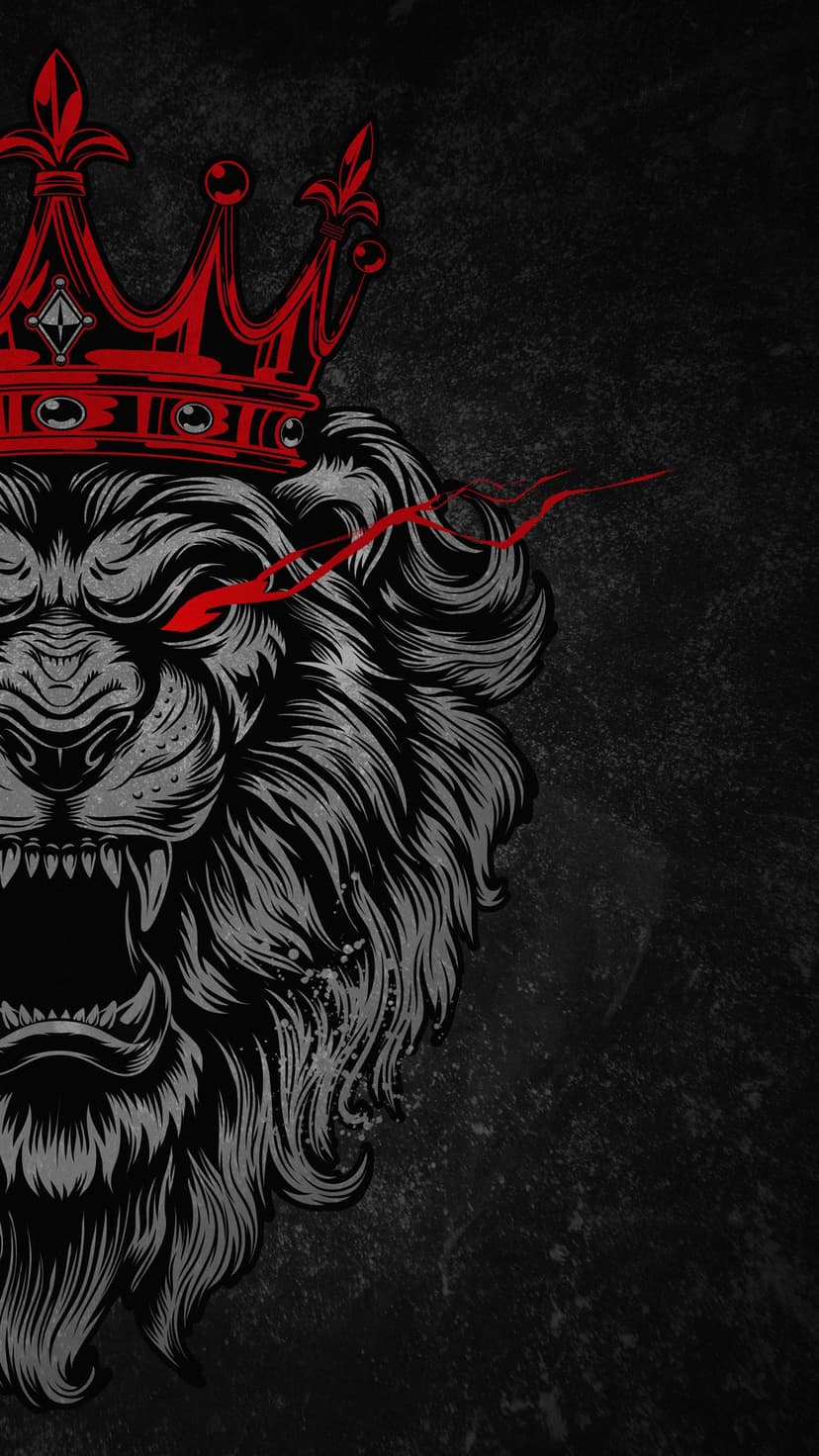 Roaring lion wearing a ruby crown with glowing red eyes against a textured dark vertical background.