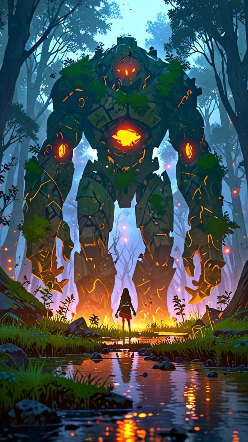 Colossal moss-covered golem with a glowing orange chest facing a small girl by a river in a magical green forest.