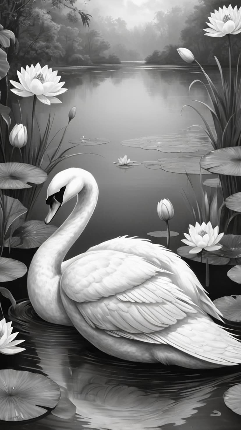 Graceful swan floating on a dark pond surface surrounded by circular lily pads and white water lily blooms.