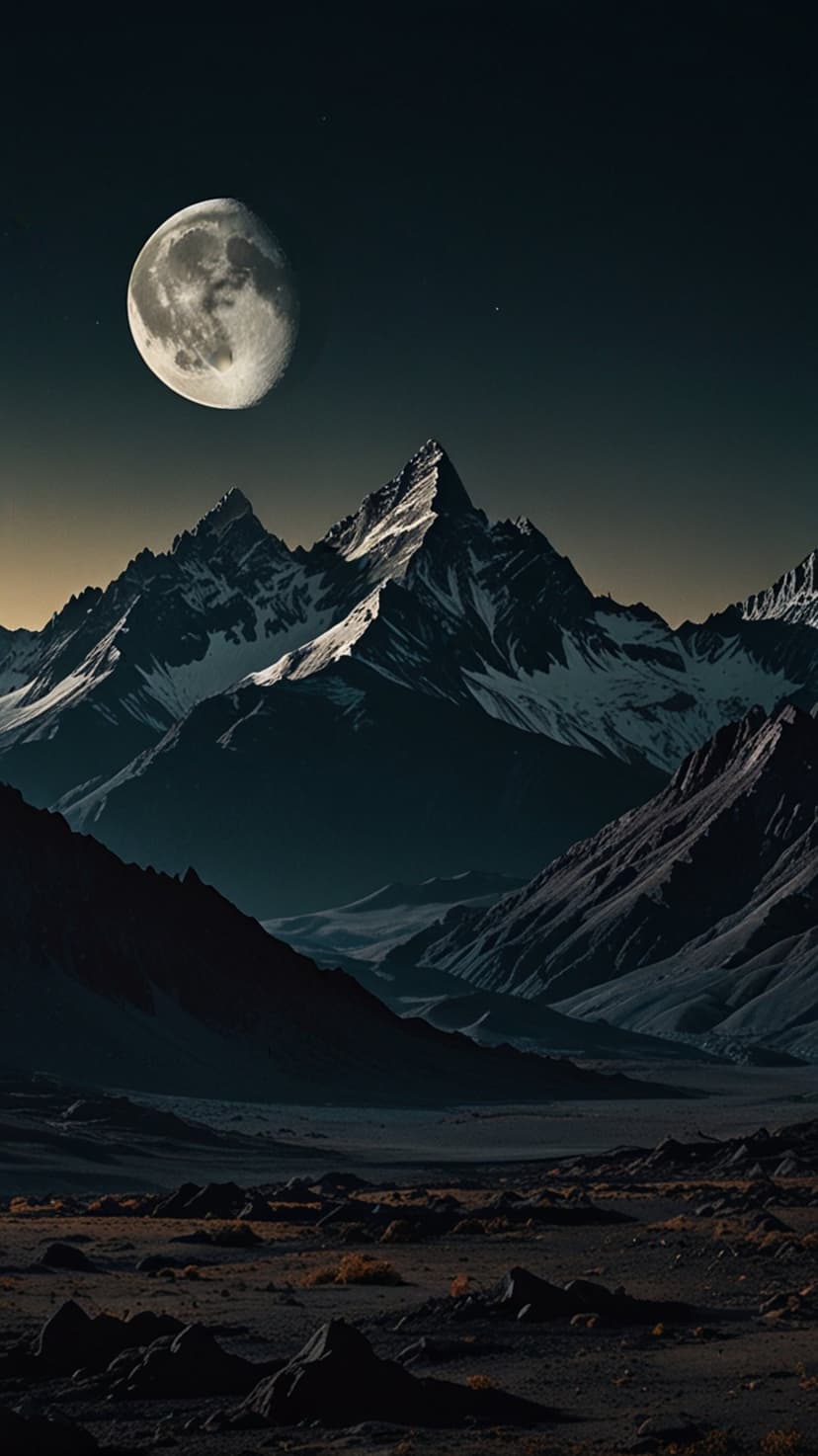 Large full moon shining over jagged snow-covered mountain peaks with deep shadows in a dark midnight sky.