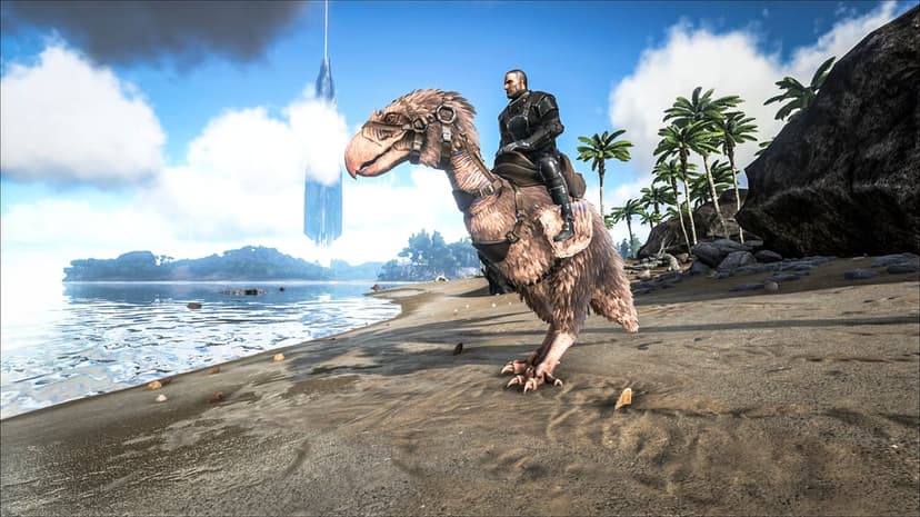 Person in black armor riding a feathered Terror Bird on a sunny beach with a massive obelisk in the background.