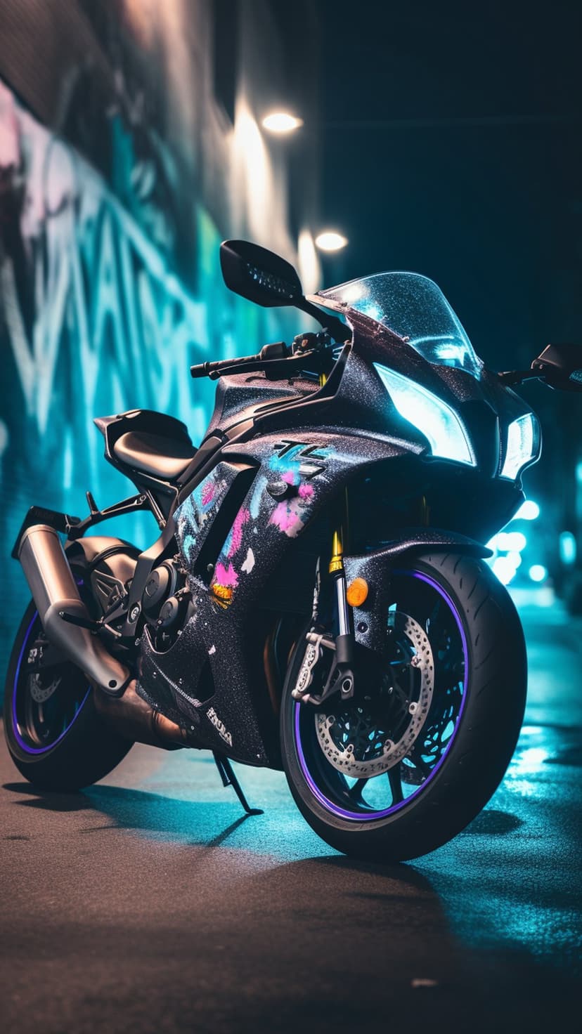 Black sportbike with pink graffiti art and glowing neon rims parked against a spray-painted urban wall at night.