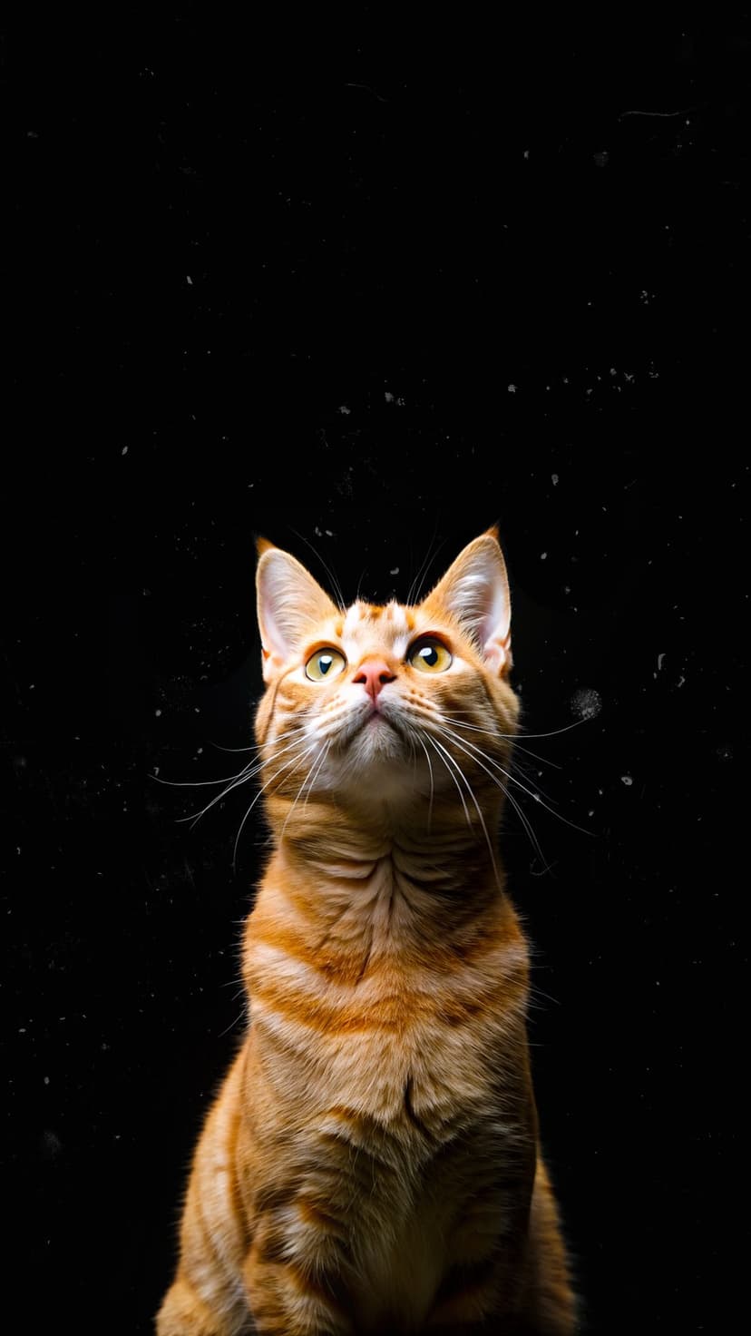 Orange tabby cat with bright eyes looks upward against a solid black background with visible fine whiskers.