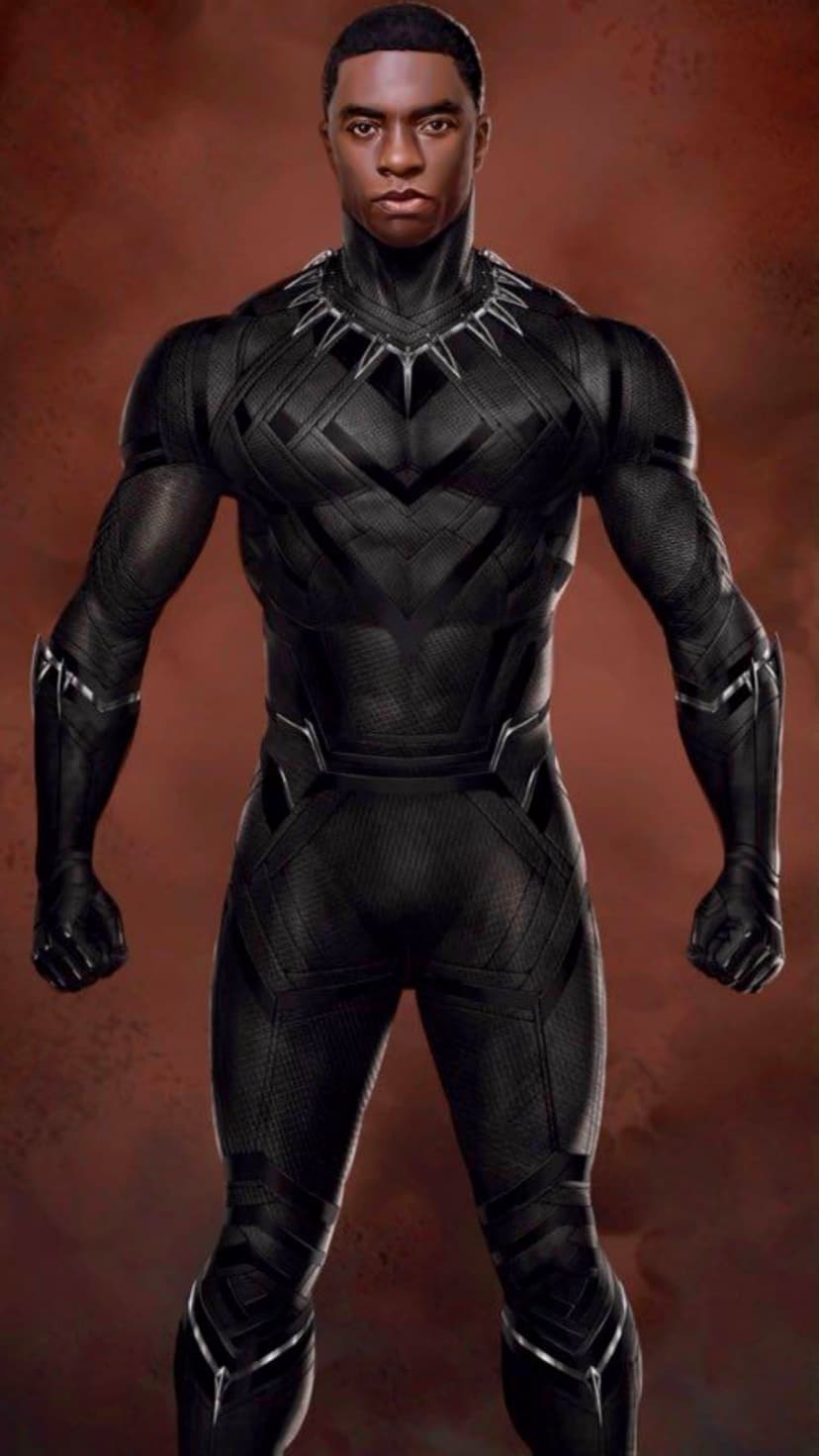 Chadwick Boseman as Black Panther wearing a textured black and silver vibranium suit with a stoic expression.