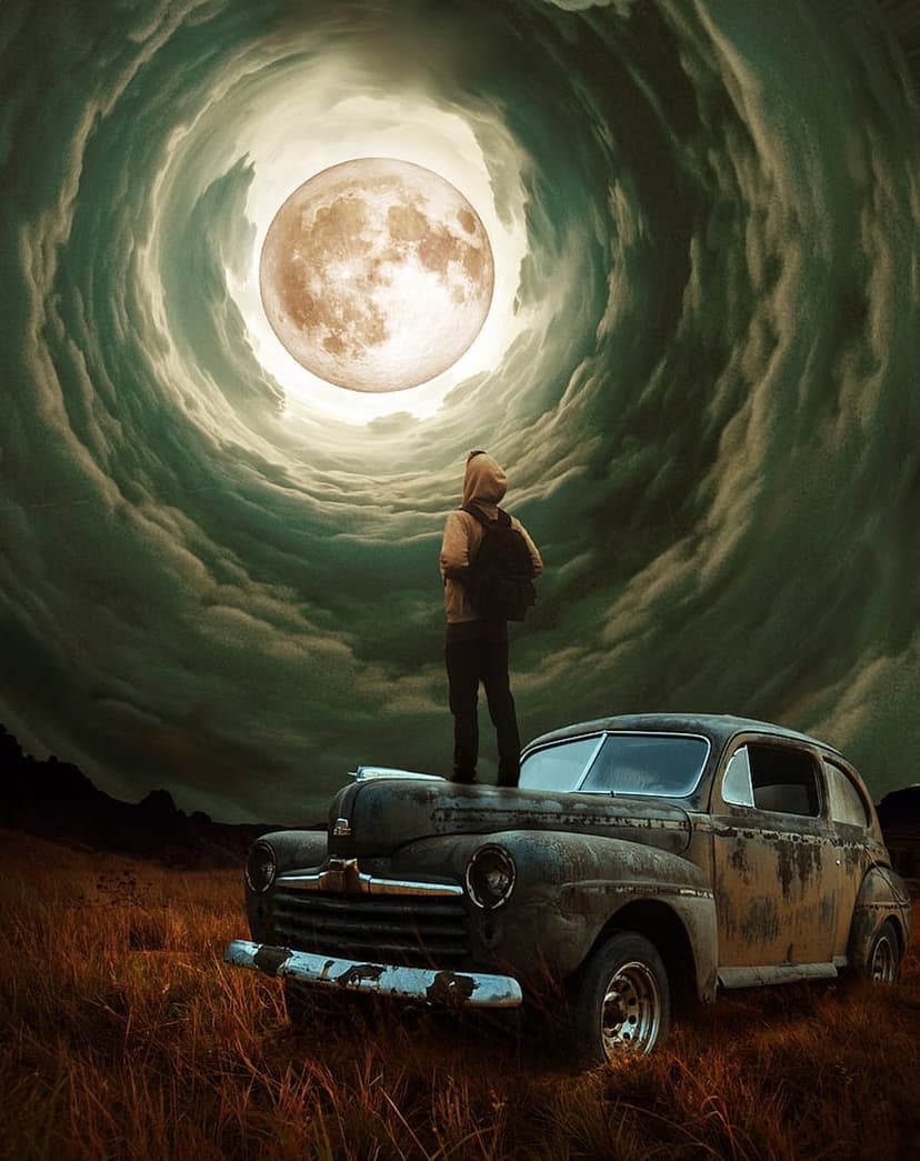 Person in a hooded jacket stands on a rusted car gazing at a massive, swirling moon in a dark stormy sky.