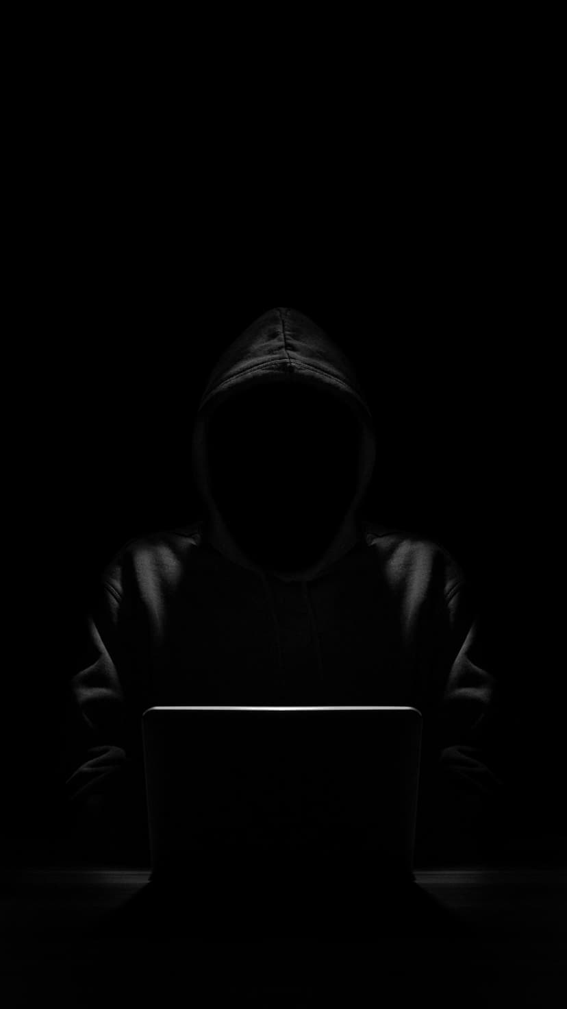 Hooded figure sitting in darkness illuminated by a glowing laptop screen with sharp blue light on their face.