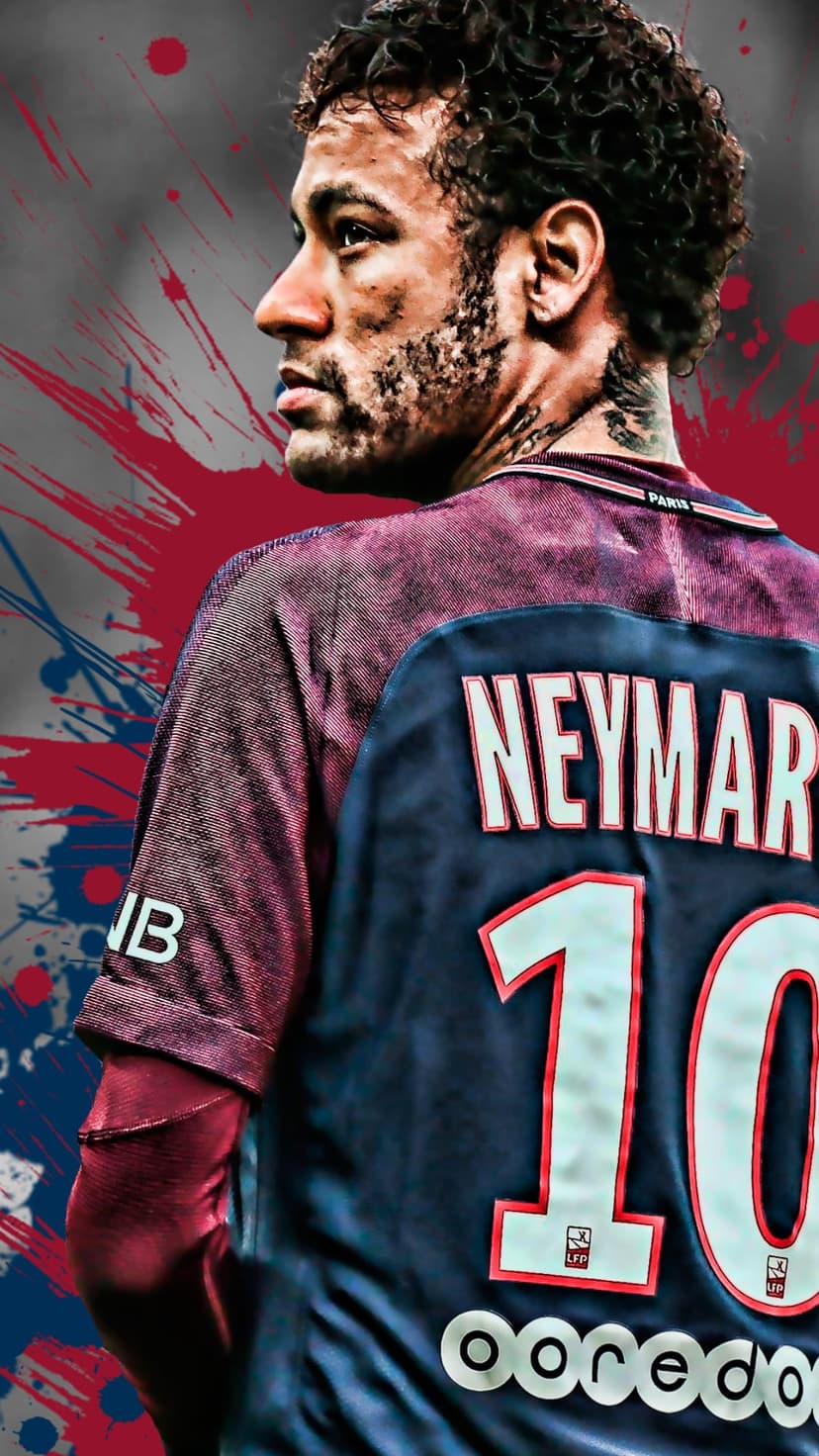 Neymar Jr in a Paris Saint-Germain jersey with number ten showing against a red and blue paint splatter backdrop.