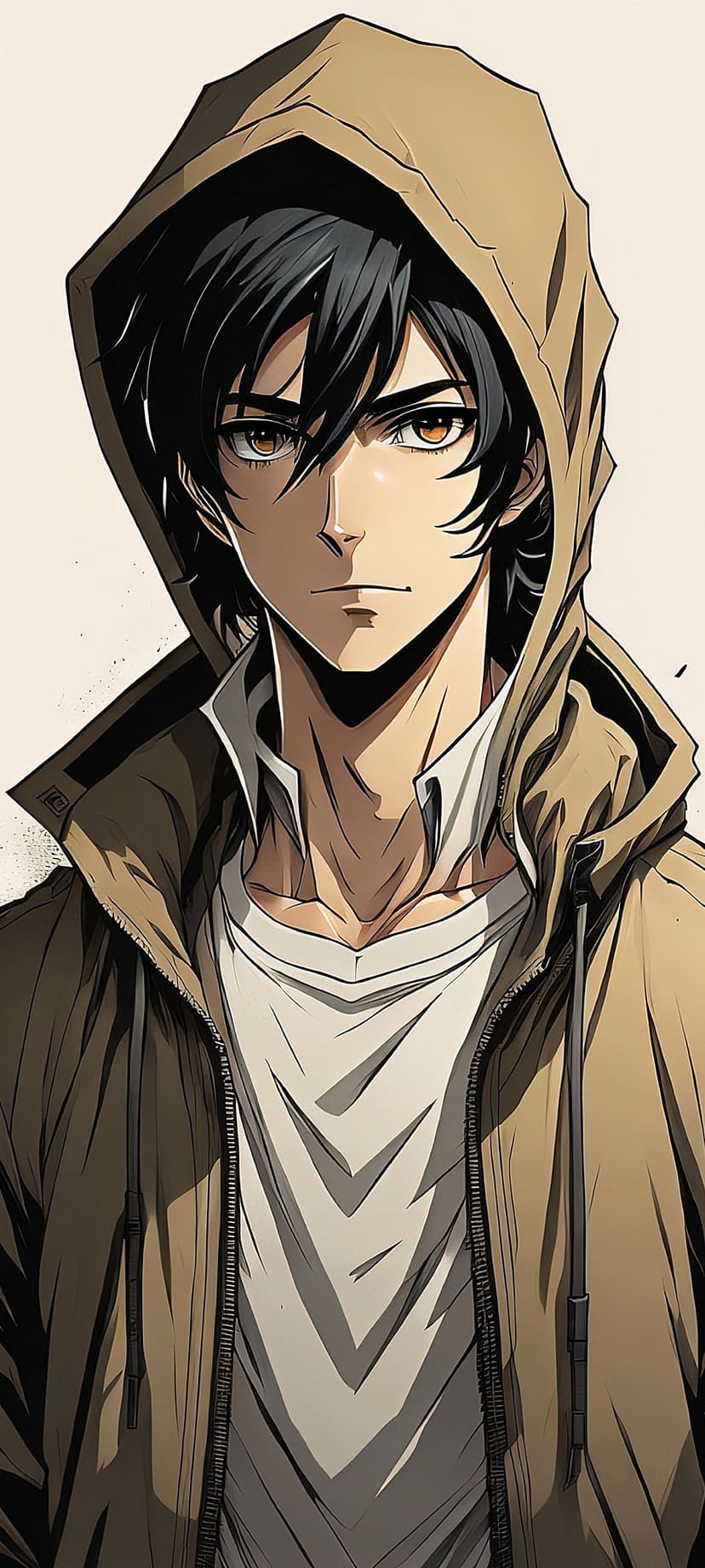 Young man with messy dark hair and amber eyes wears a tan hoodie while staring forward with an intense expression.