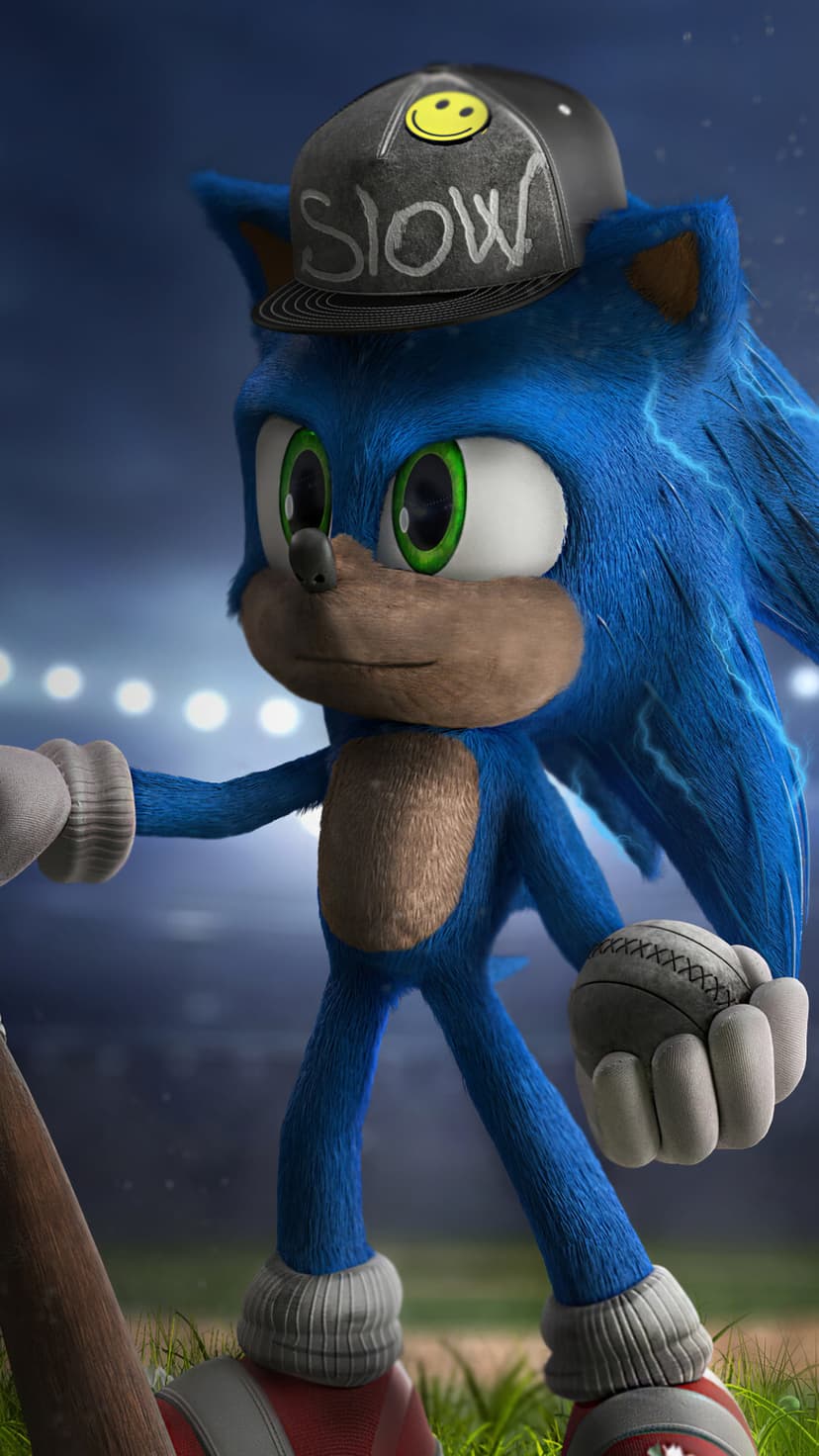 Sonic the Hedgehog wears a black cap and holds a baseball against a blurred stadium backdrop with bright lights.