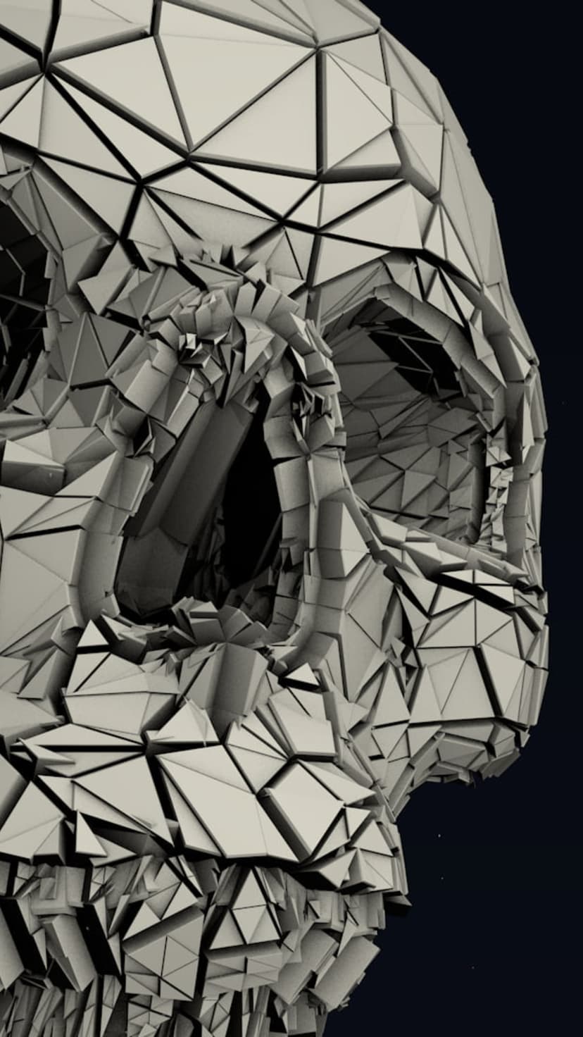 White geometric skull profile featuring fragmented crystalline polygons against a solid dark background.