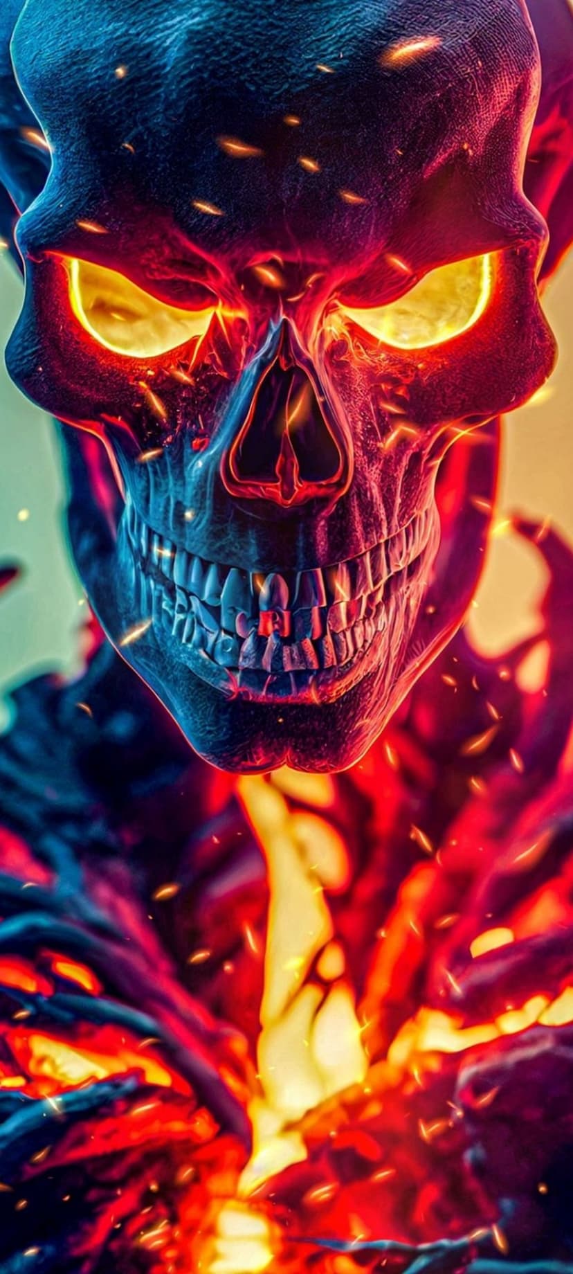 Flaming skull with sharp teeth and glowing orange eyes surrounded by swirling embers and purple shadows.