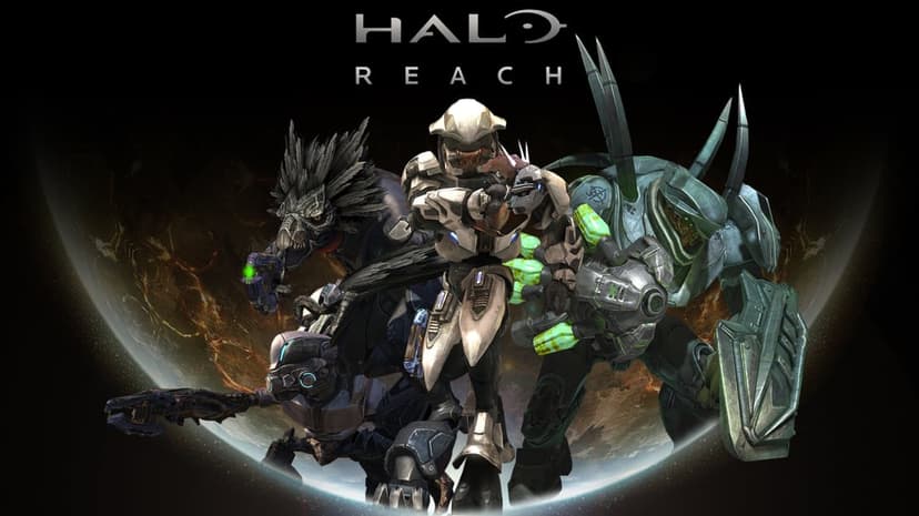 Covenant Elite, Hunter, Skirmisher, and Grunt characters from Halo Reach against a dark cosmic planet background.