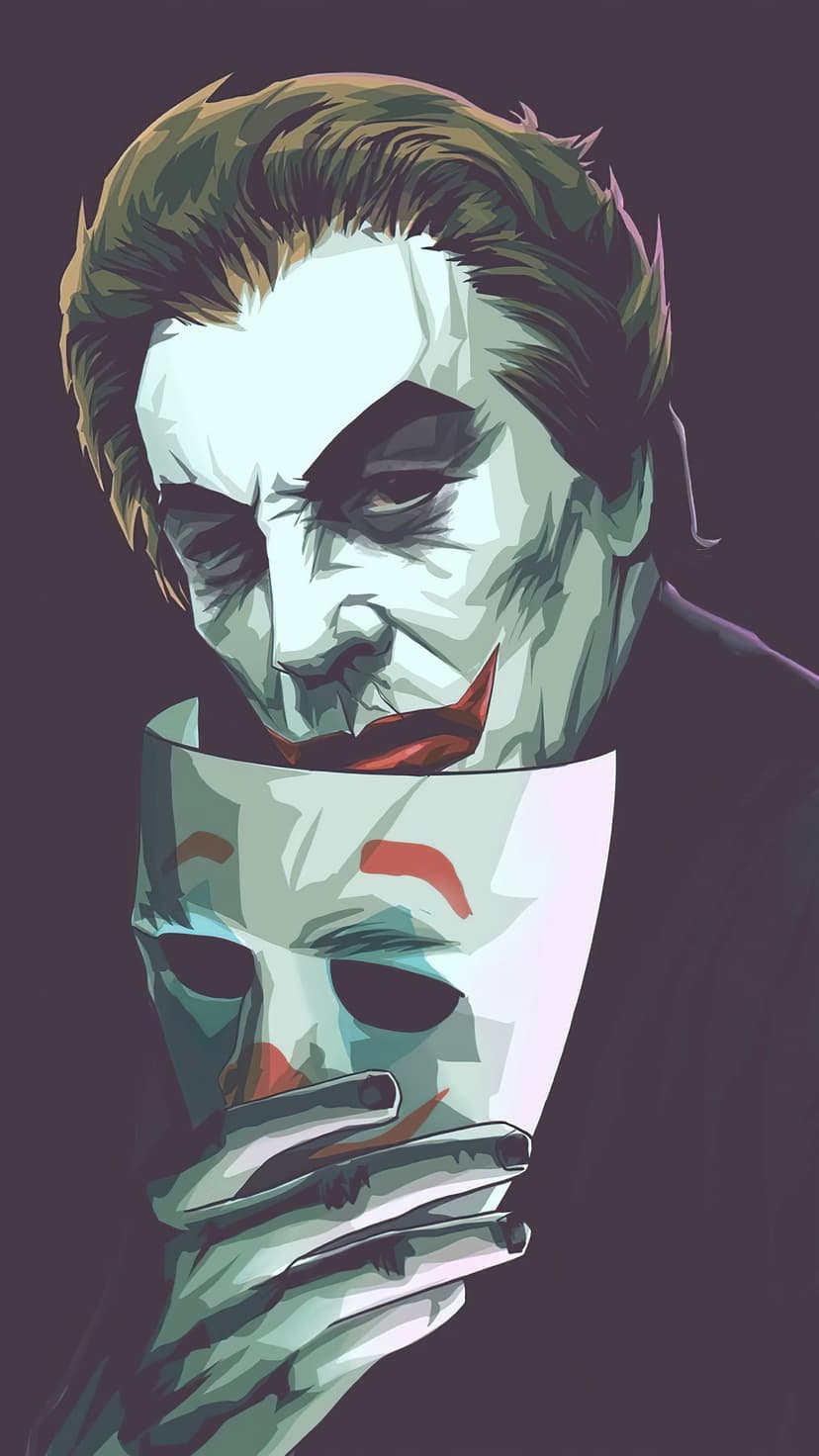 The Joker holds a smiling white mask away from his face, revealing a grimace and dark, shadowy eyes beneath.