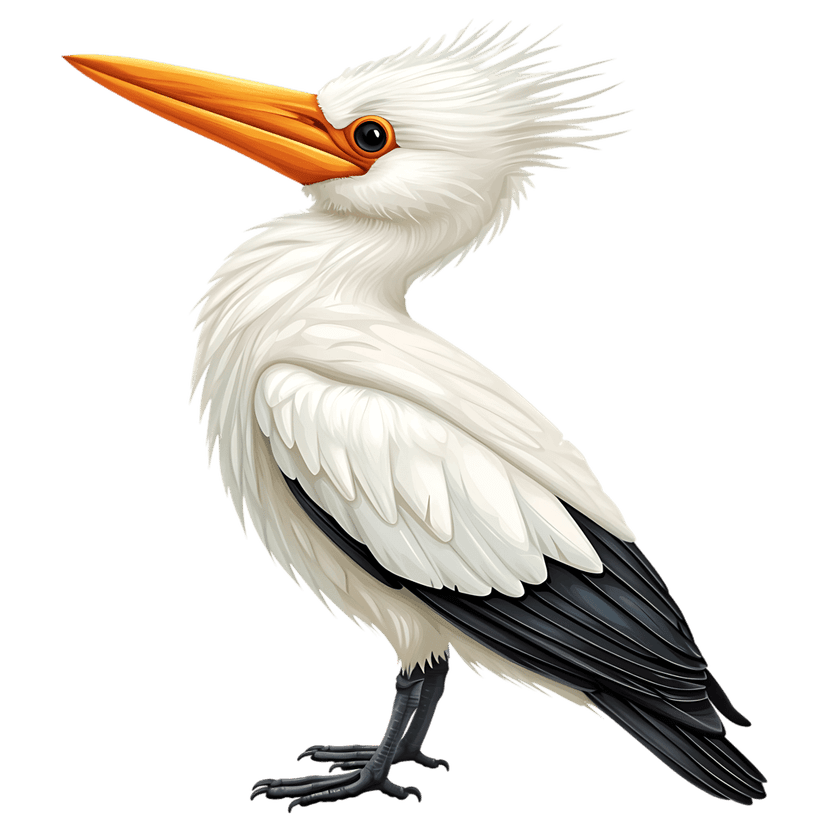 White heron illustration with vibrant orange beak and spiky crown feathers isolated against black background.