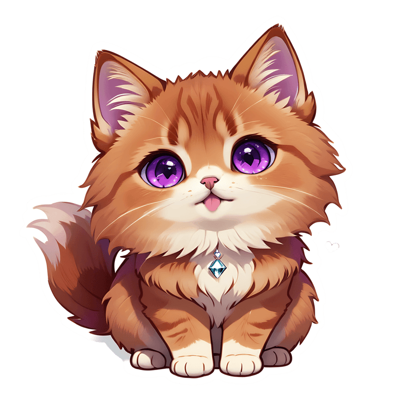 Orange kitten sticker featuring ginger stripes, glossy purple eyes, and a blue diamond pendant on fluffy fur.
