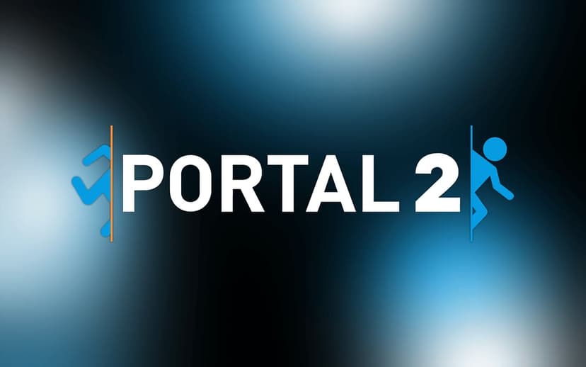 Portal 2 text logo between orange and blue portals on a dark background with soft blue light flares.