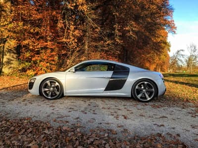 White Audi R8 Supercar Autumn Road Phone Wallpaper