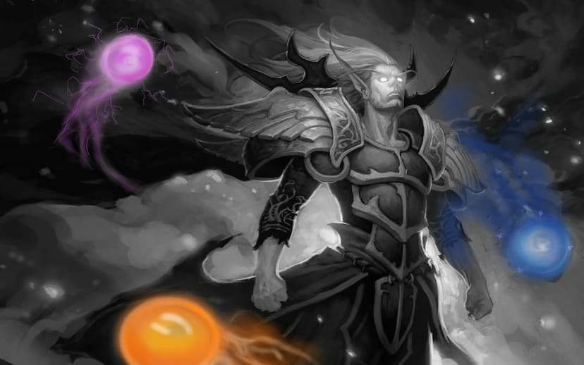 Elf mage in ornate armor with glowing white eyes surrounded by purple, blue, and orange magical spheres.