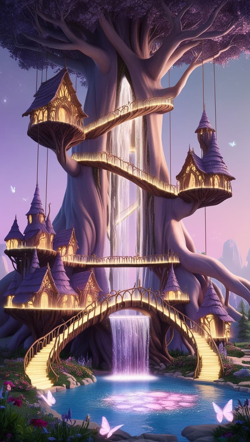 Massive ancient tree with glowing windows and rope bridges overlooks a waterfall and pond with blue butterflies.