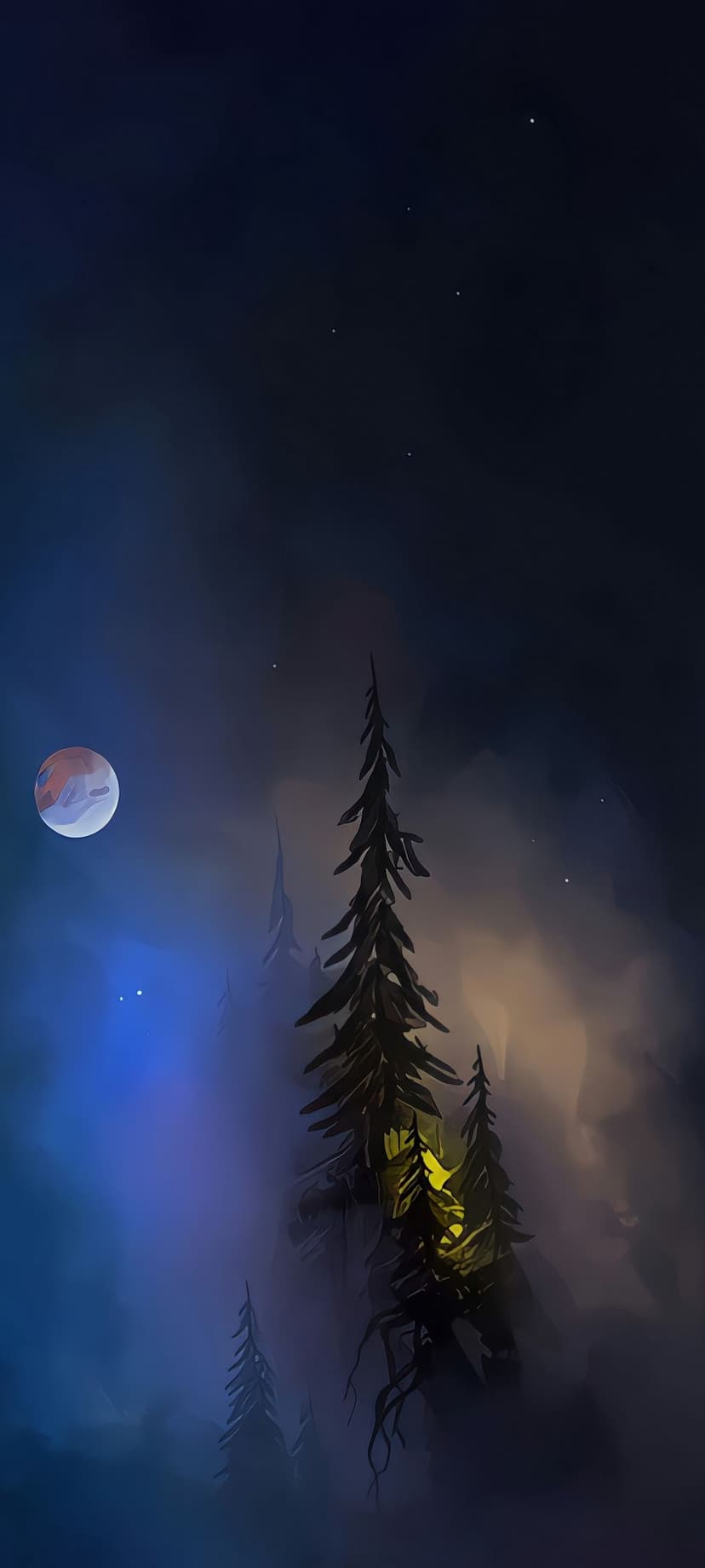 Large textured moon with red and blue craters glows above silhouetted pine trees in a dense, foggy night forest.