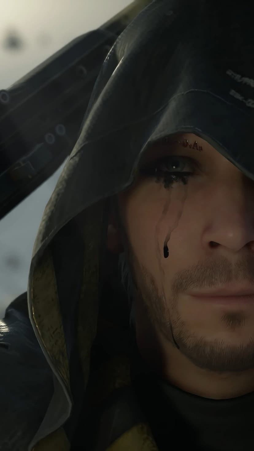 Close-up of Sam Bridges wearing a dark hood with a black liquid tear running down his cheek from one blue eye.